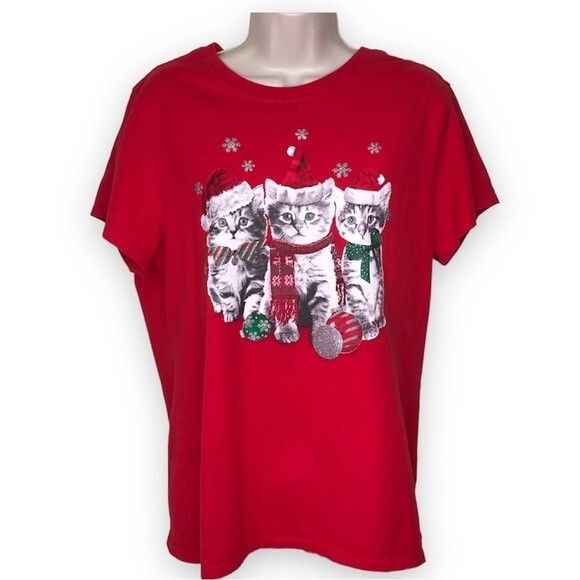 Three Wise Kittens Red Christmas Holiday Short Sleeve Crew Neck T Shirt Women XL - Picture 1 of 11